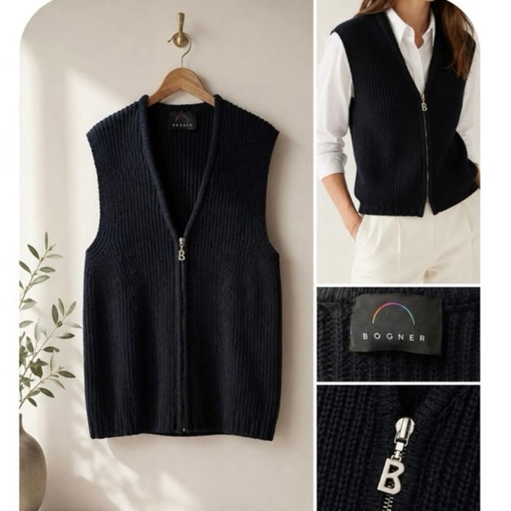 Bogner Ribbed Knit Zip Vest Black Luxury Rare Logo Pull Sleeveless Size 12